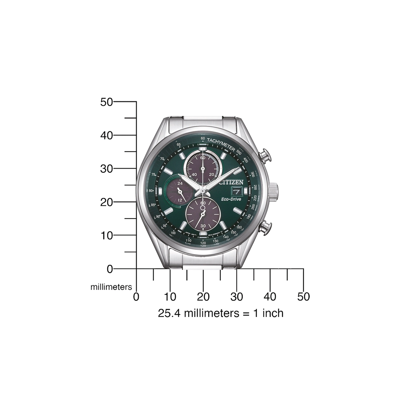 Citizen watch with tachymeter, Eco-Drive, and millimeter scale for size comparison.