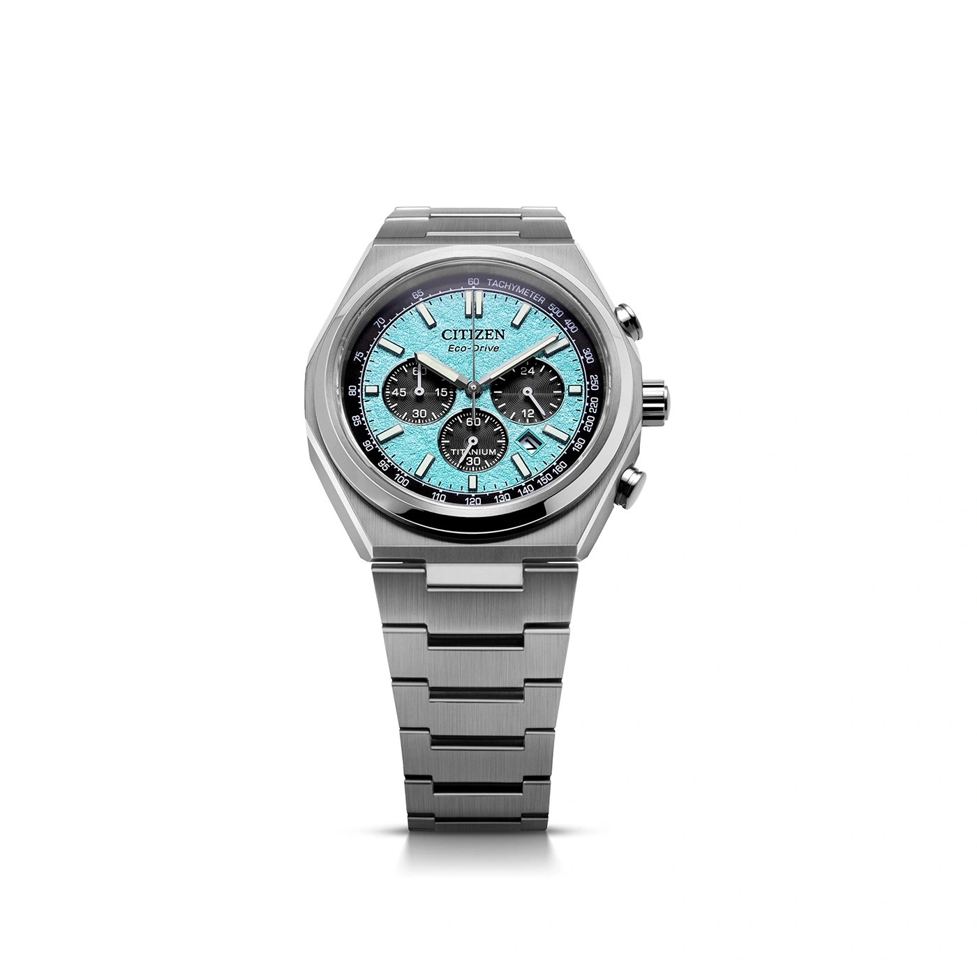 Citizen Eco-Drive watch with a blue face and titanium band.