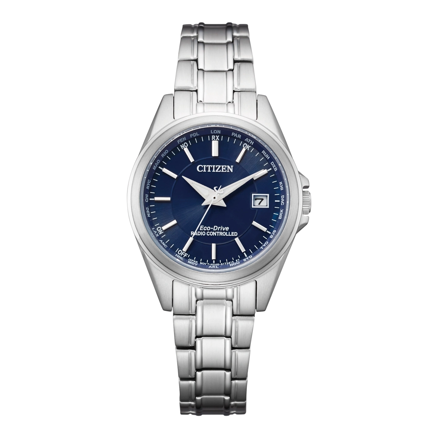 Citizen watch with blue dial and silver strap, Eco-Drive, radio controlled