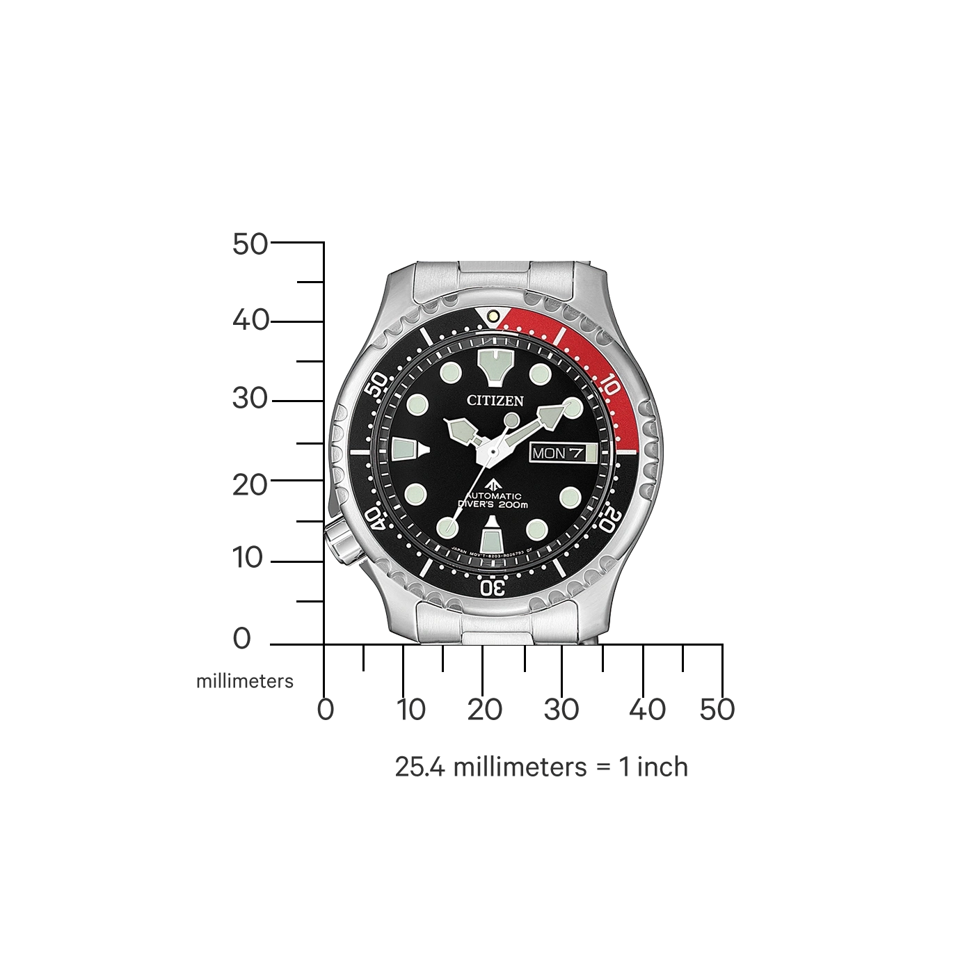 Citizen watch with black dial, red bezel, and measurement scale in millimeters.