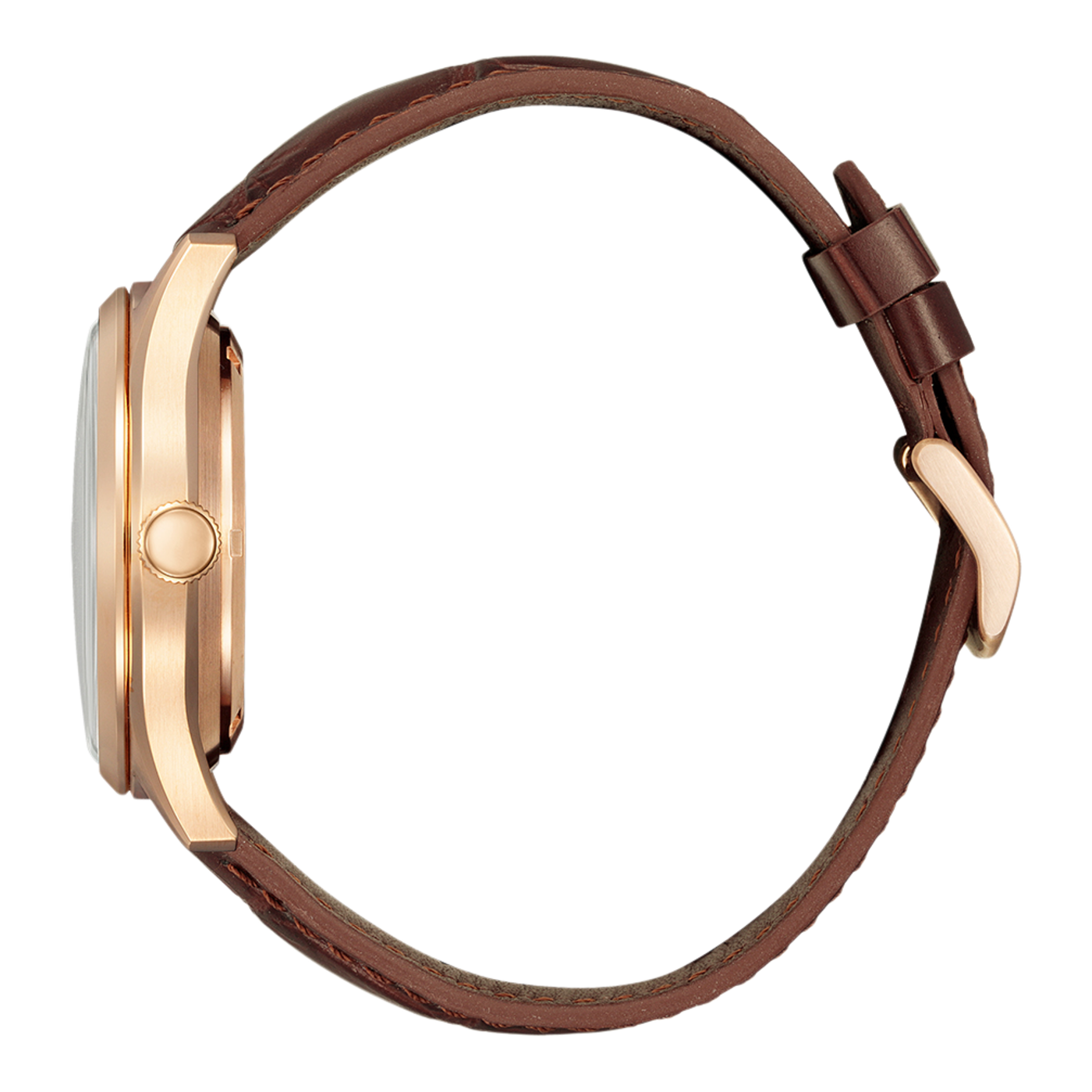 A side view of a gold watch with a brown leather strap.