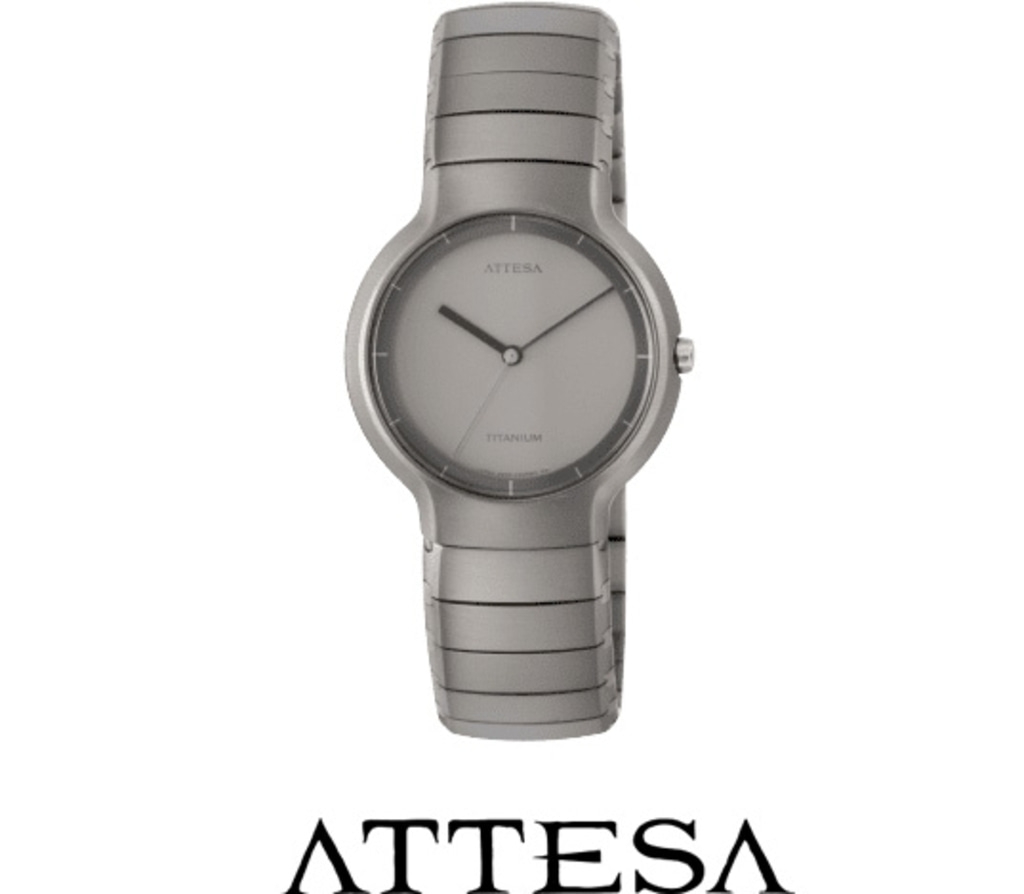 A silver Attesa watch with a titanium face and band.