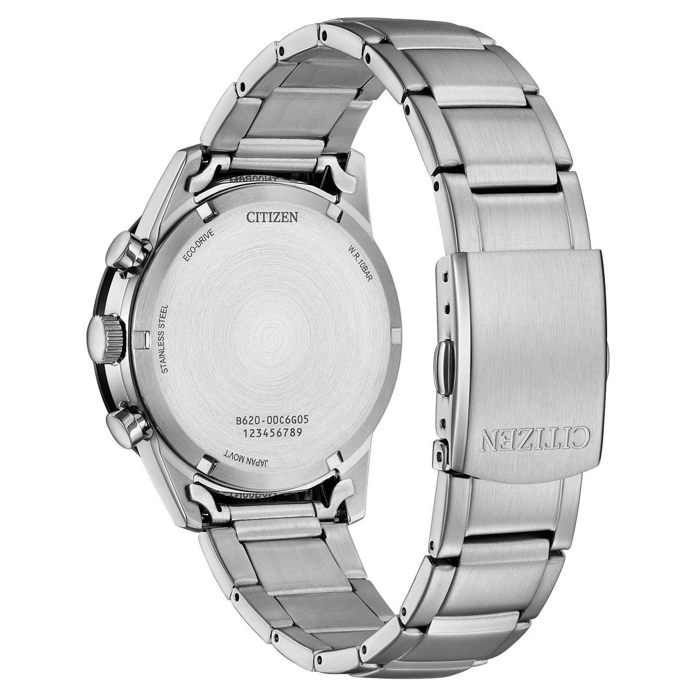 Citizen watch back, stainless steel, Eco-Drive, W.R. 10BAR, Japan Movt