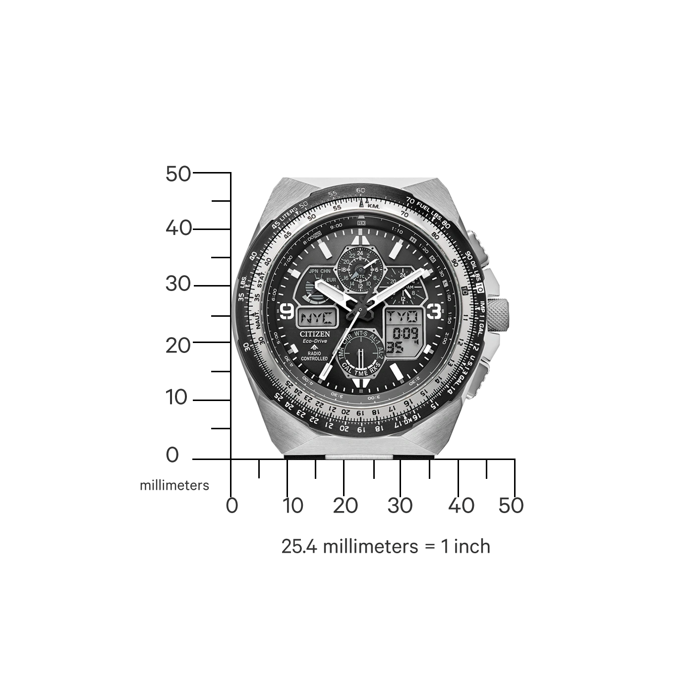 Citizen watch with black face, silver bezel, and digital display showing time and date.