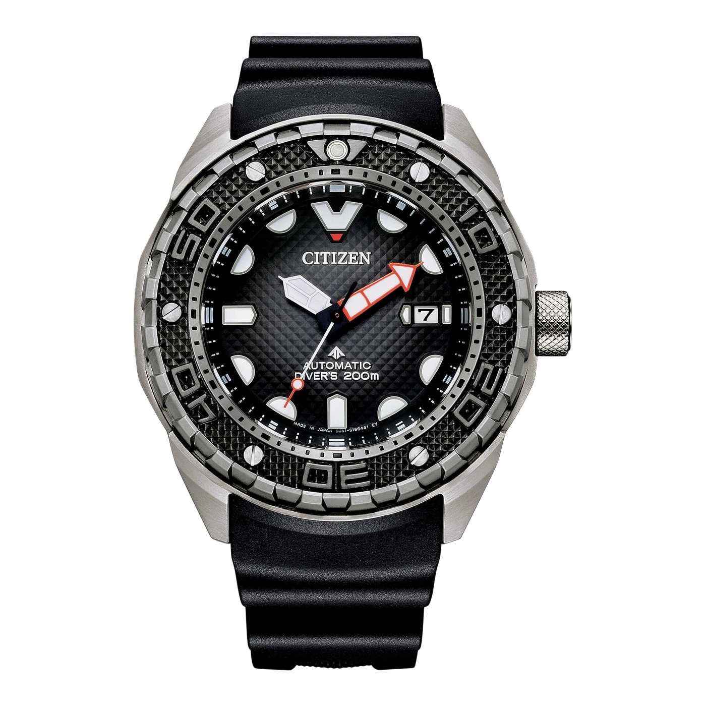 Citizen watch with black dial and rubber strap, automatic diver's 200m.
