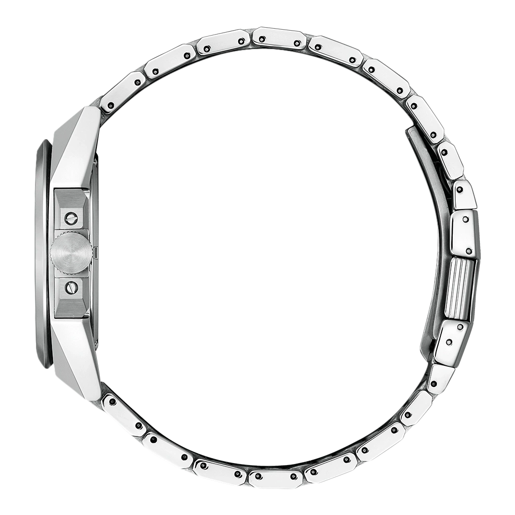 Side view of a silver wristwatch with a metal band and a round dial.