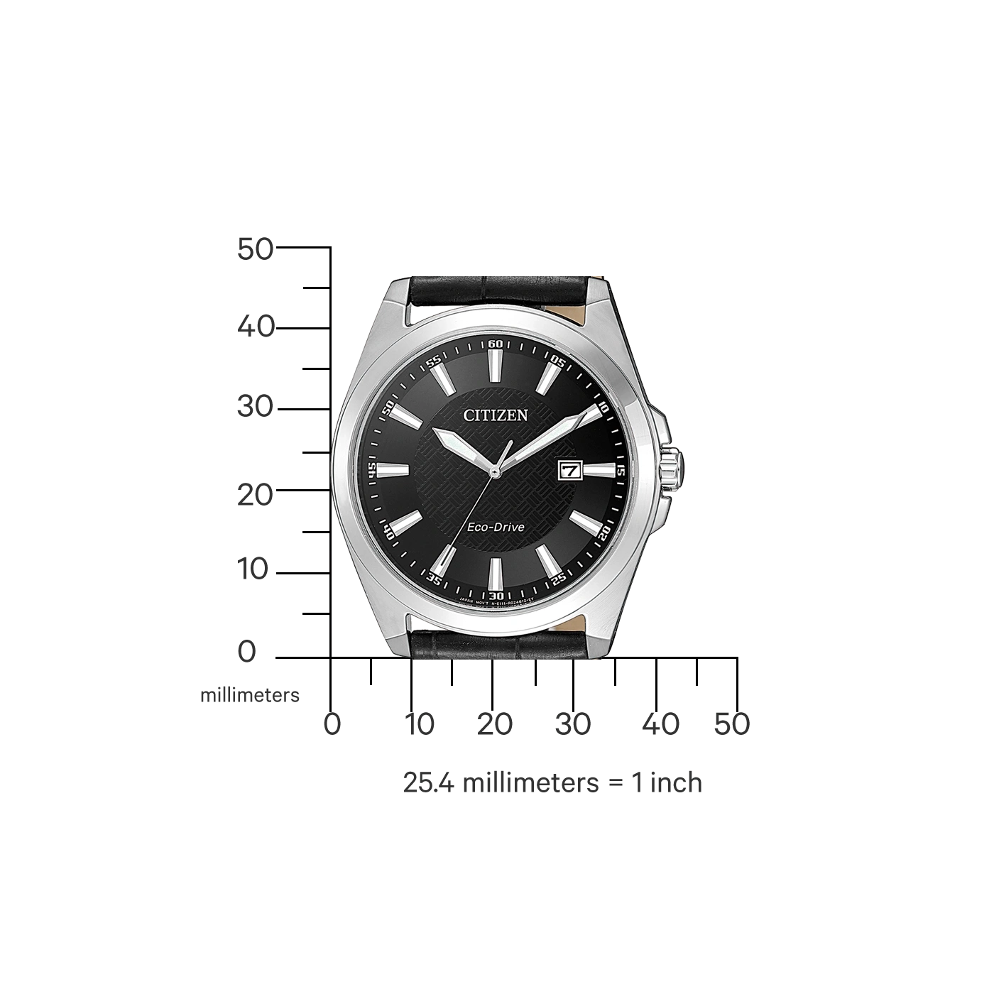 Citizen watch with black face, silver case, and black leather strap. Eco-Drive.