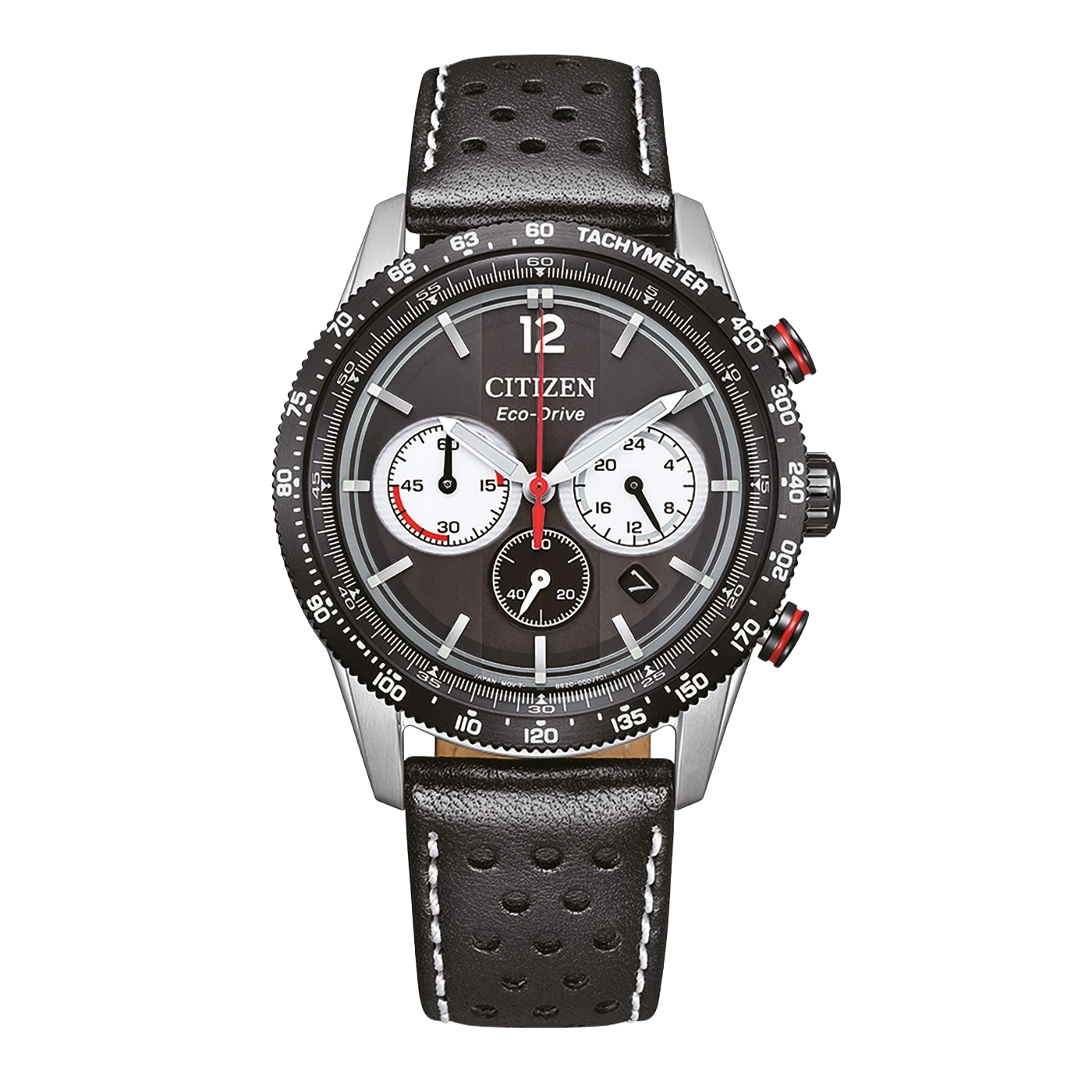 A black Citizen Eco-Drive chronograph watch with a leather strap.