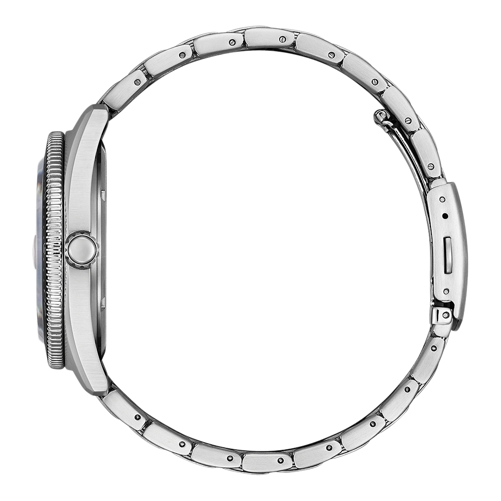 Side view of a silver wristwatch with a circular face and metal band.