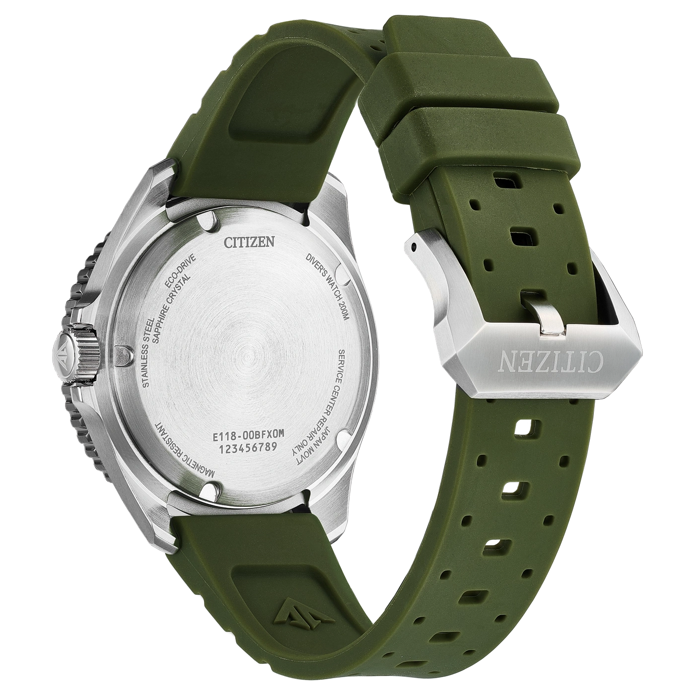 Citizen Eco-Drive watch back with green rubber strap and buckle.