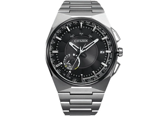 Citizen watch with black face, silver band, and world time features.