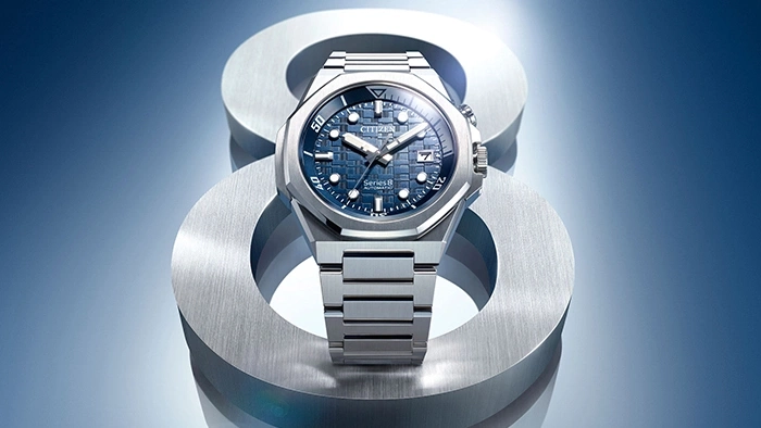 Citizen Series 8 watch on a metallic background, blue dial