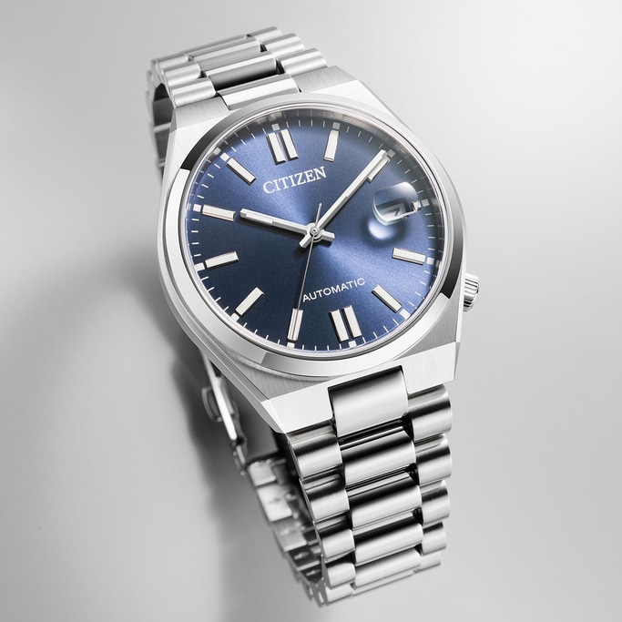 Citizen automatic watch with a blue dial and silver bracelet.