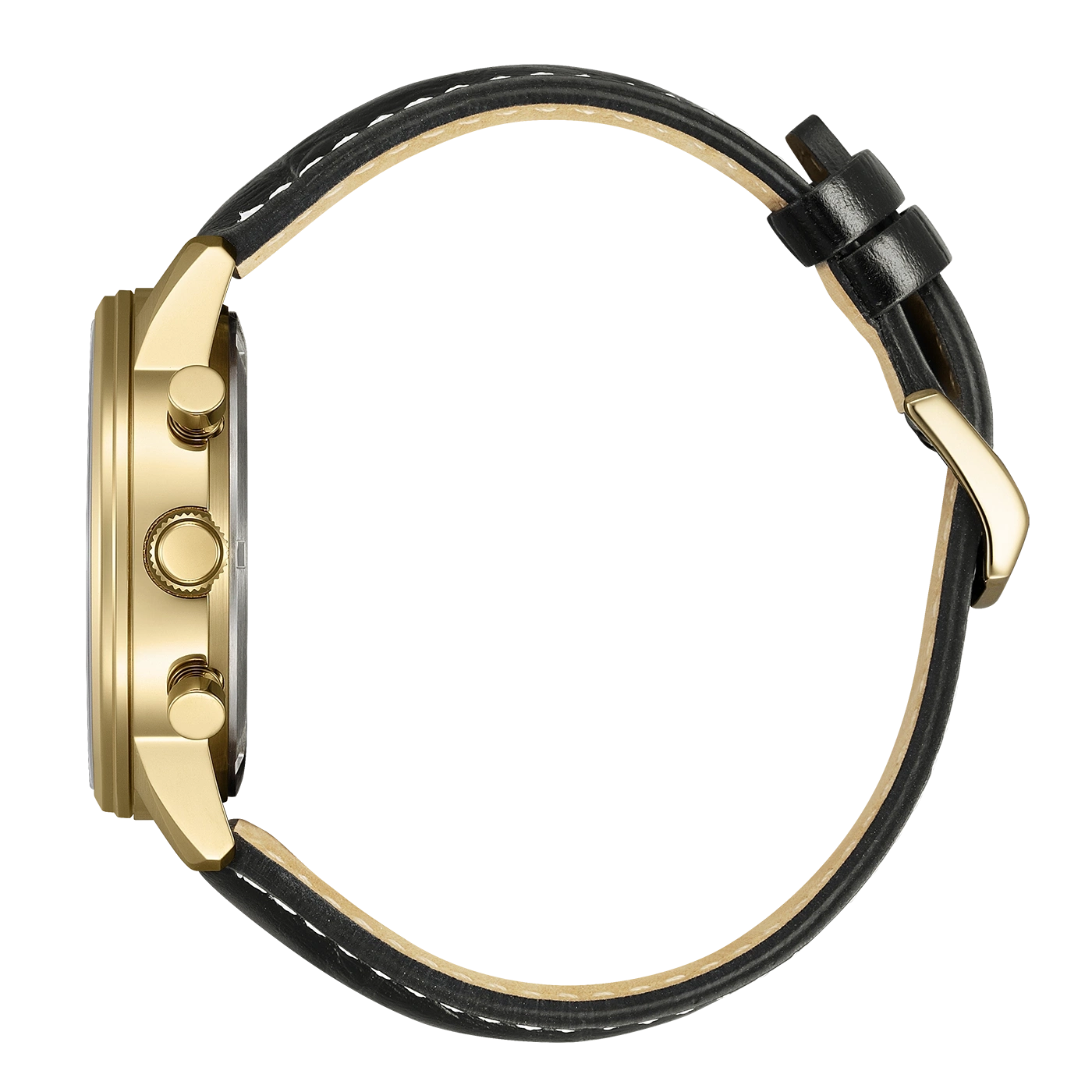 Side view of a gold watch with a black leather strap and white stitching.
