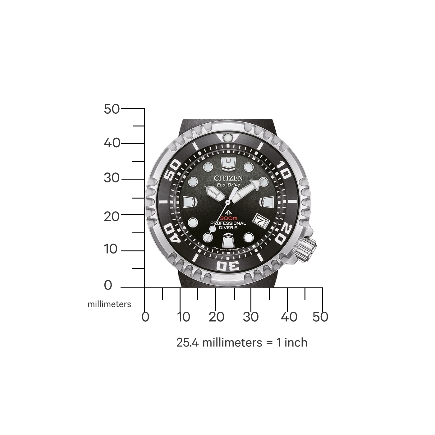 Citizen Eco-Drive watch with scale in millimeters, black dial, professional diver's.