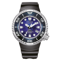 Citizen Eco-Drive watch with blue face and black strap, professional diver's watch
