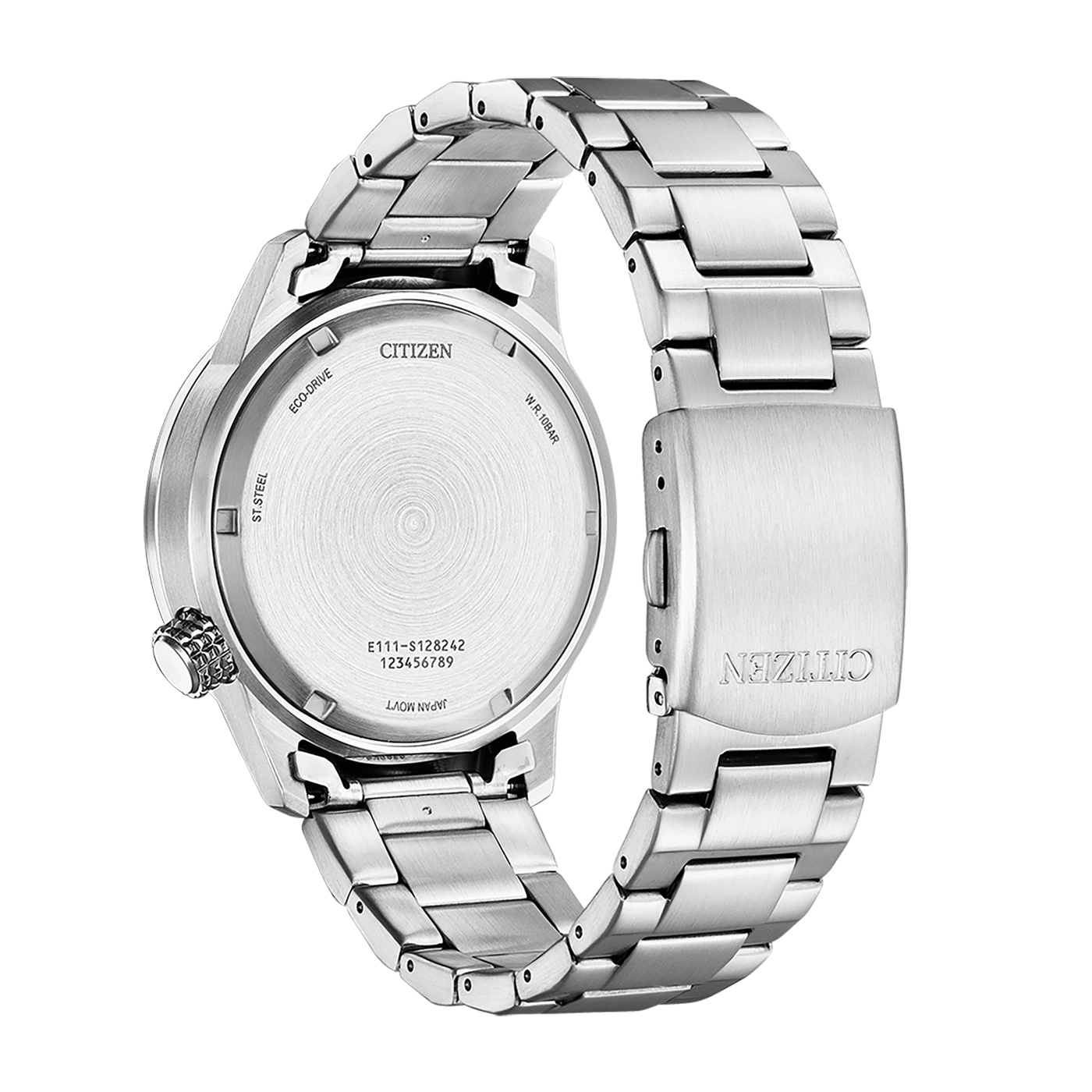 Citizen watch back, stainless steel, Eco-Drive, W.R. 10BAR, Japan Movt.