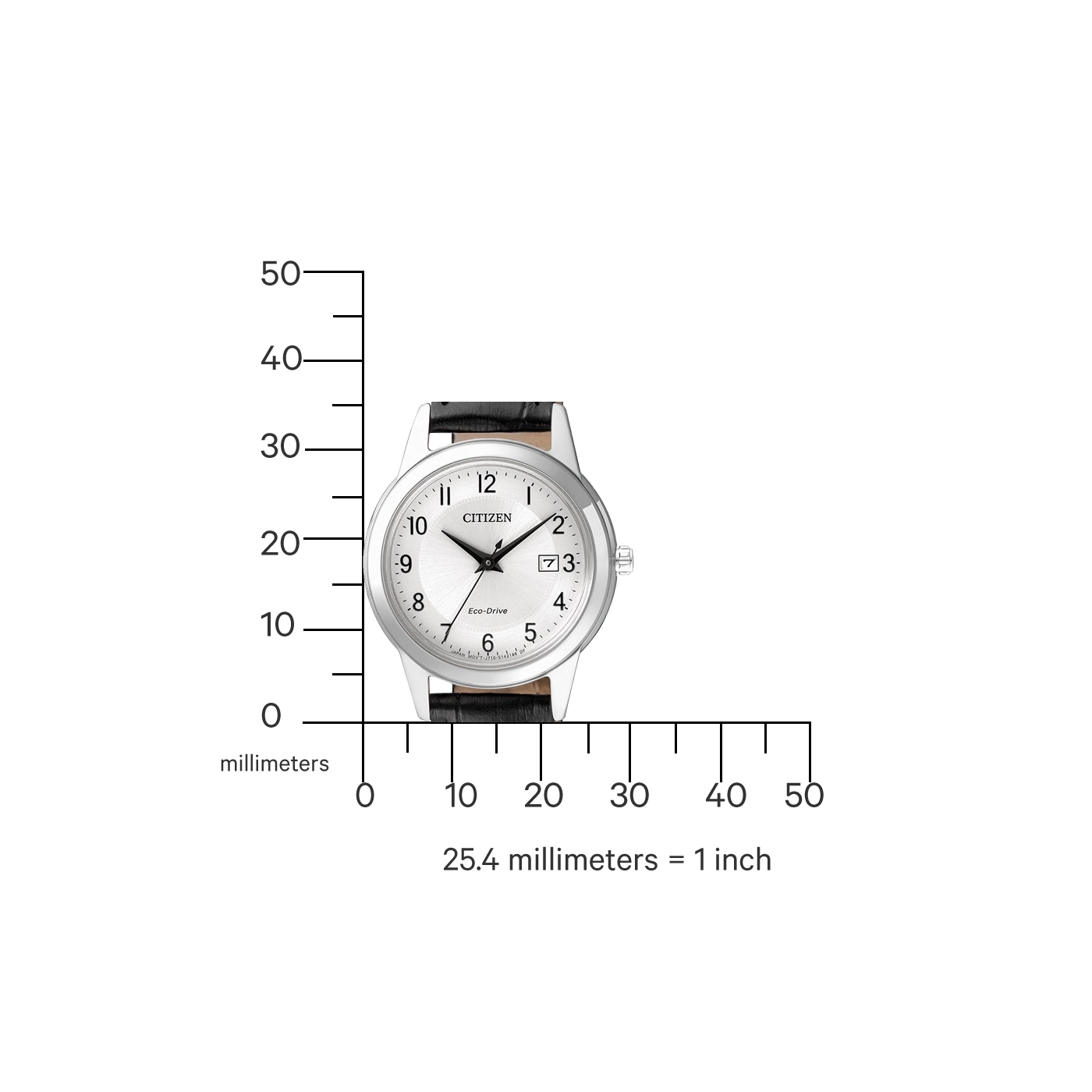 Citizen watch with black leather strap, white dial, and silver case. Timepiece.