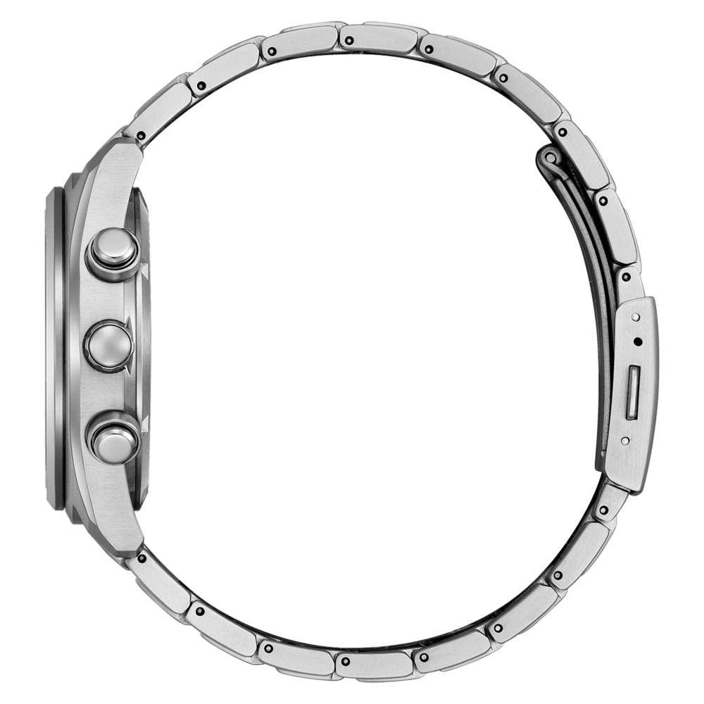 Side view of a silver watch with metal band and two buttons on the side.