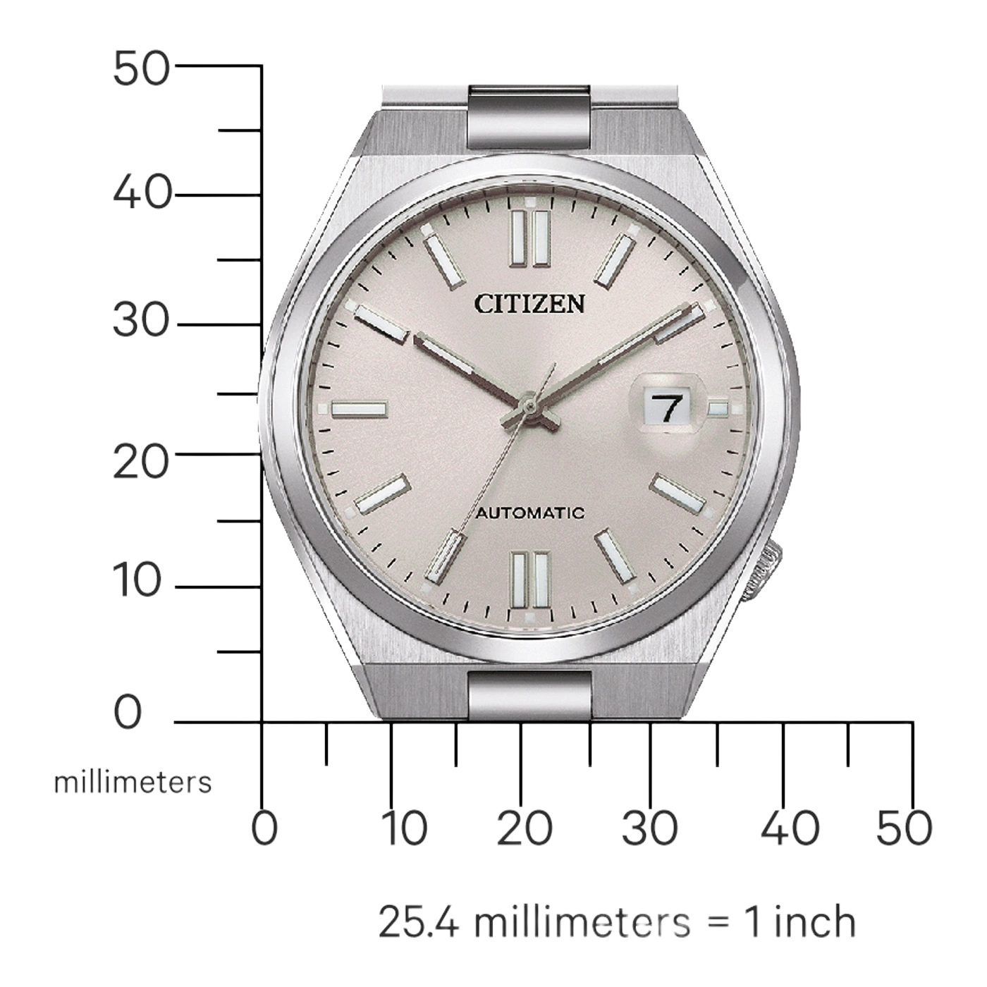 Citizen watch with silver case and dial, automatic movement, date display.