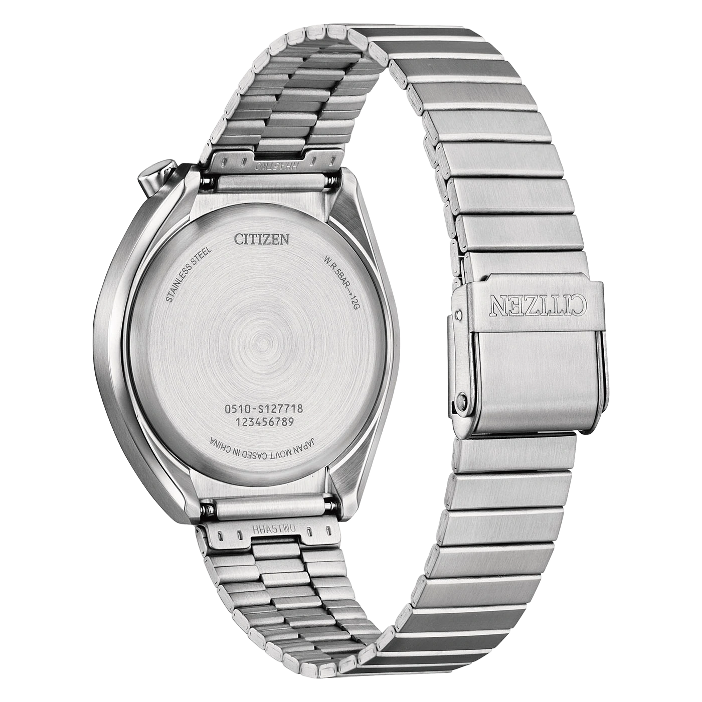 Back of a stainless steel Citizen watch with model number and water resistance.