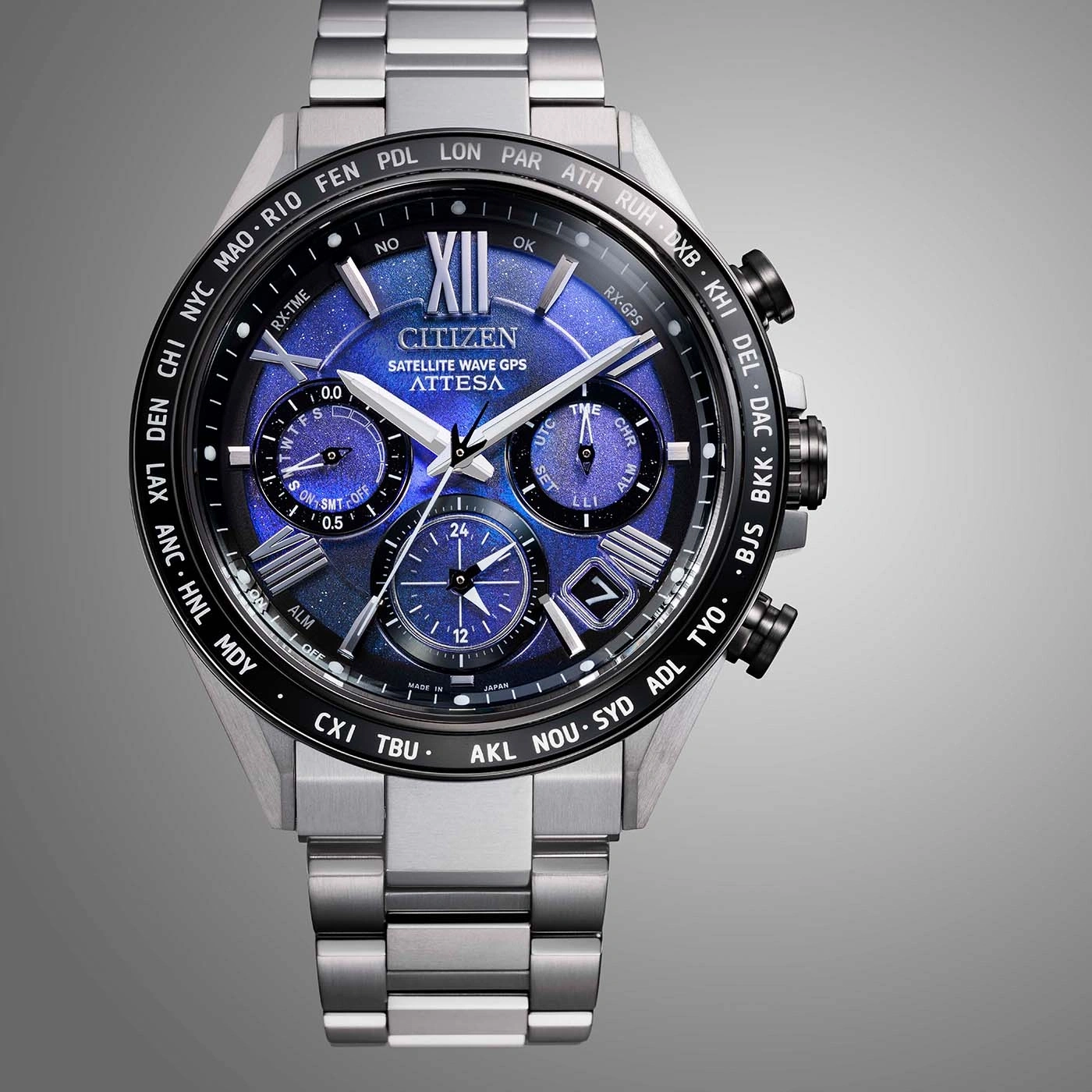 Citizen Attesa watch with blue face, satellite wave GPS, and multiple dials.