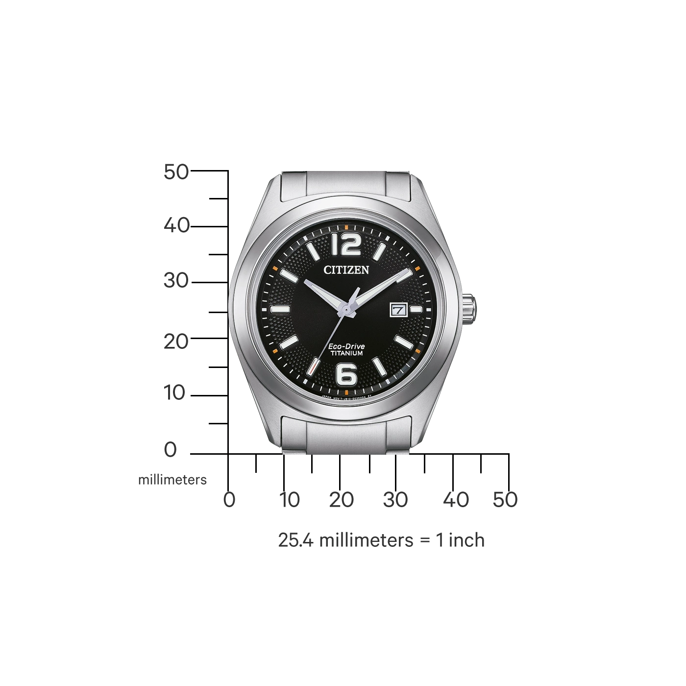 Citizen watch with black face, titanium, Eco-Drive, and measurement scale.