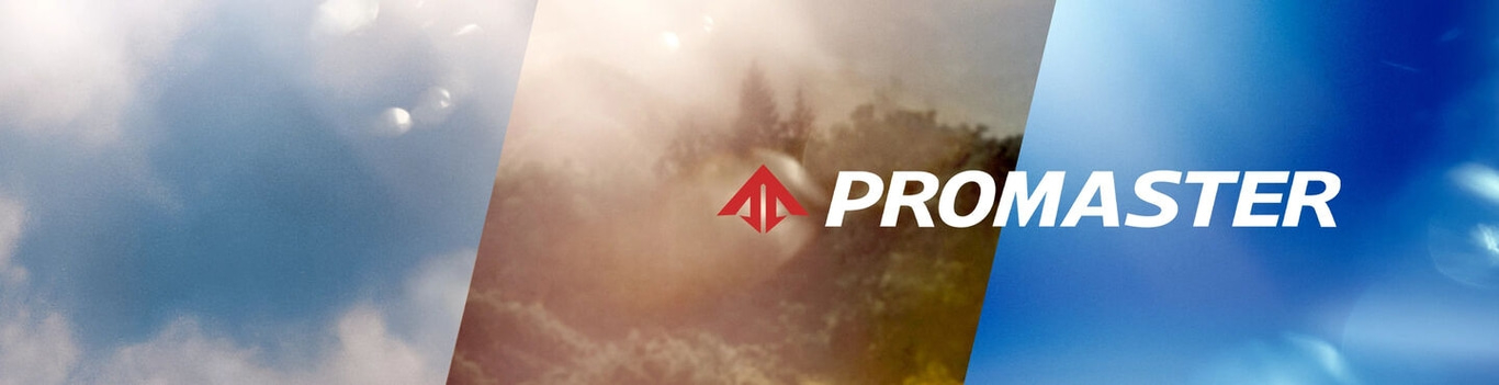 Sky background with the PROMASTER logo in white and a red arrow.