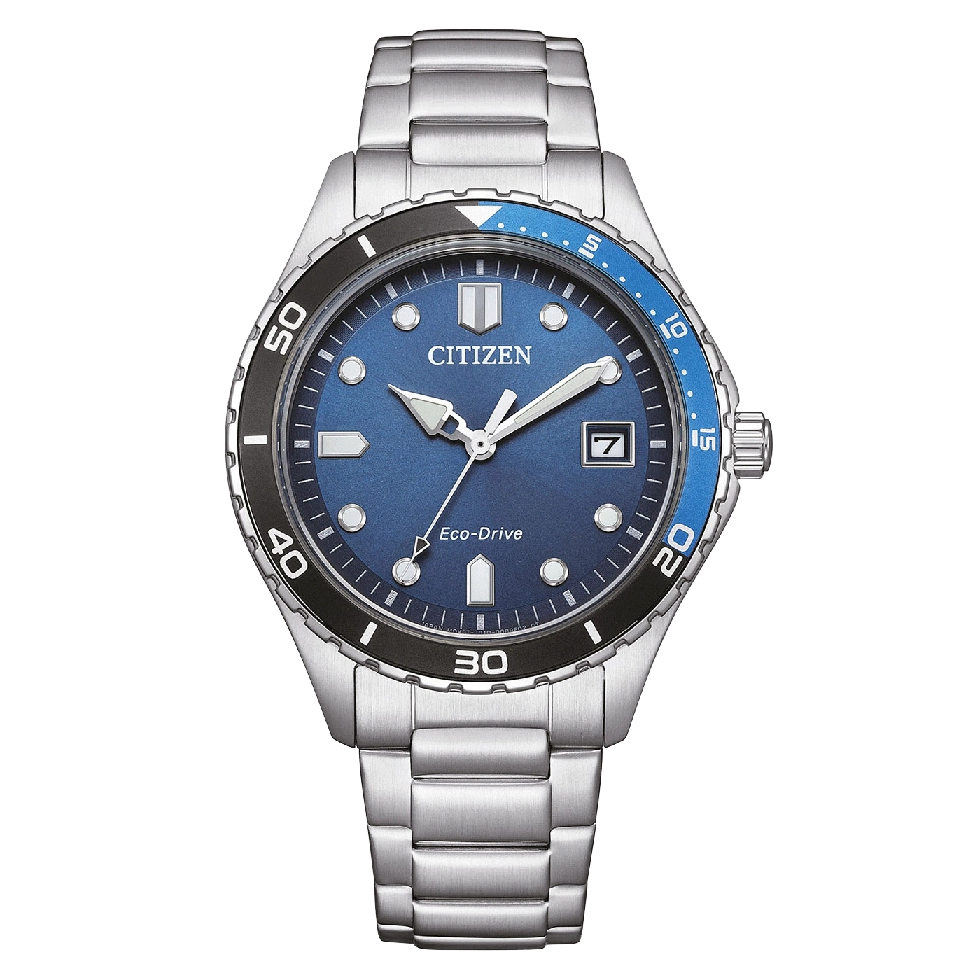Citizen watch with blue dial and silver bracelet, Eco-Drive technology.
