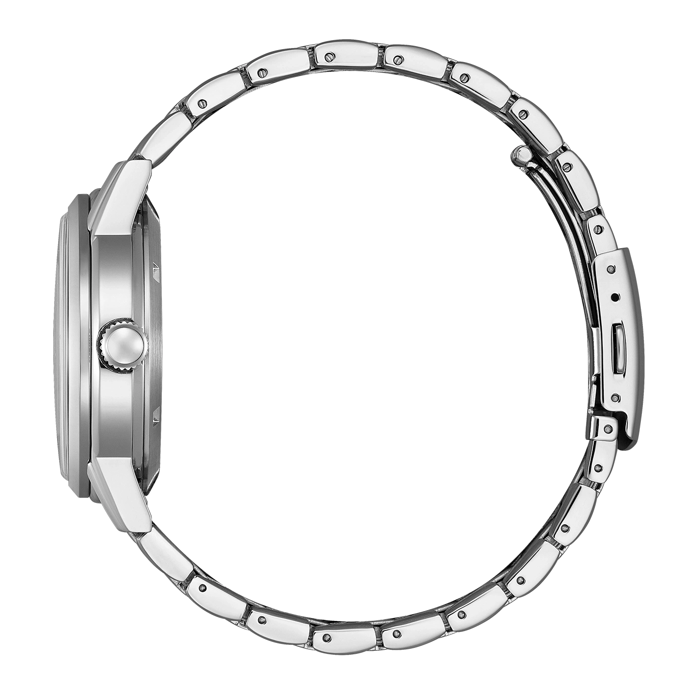Side view of a silver watch with a metal band.