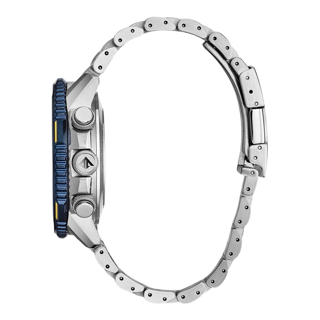 Side view of a silver watch with a blue and yellow bezel and a metal strap.