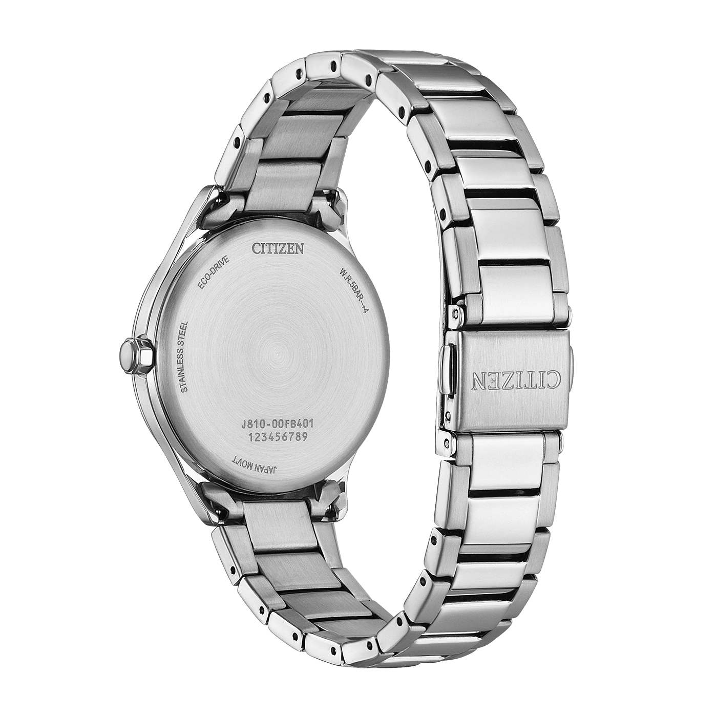 Back of a silver Citizen Eco-Drive watch with model number J810-00FB401.