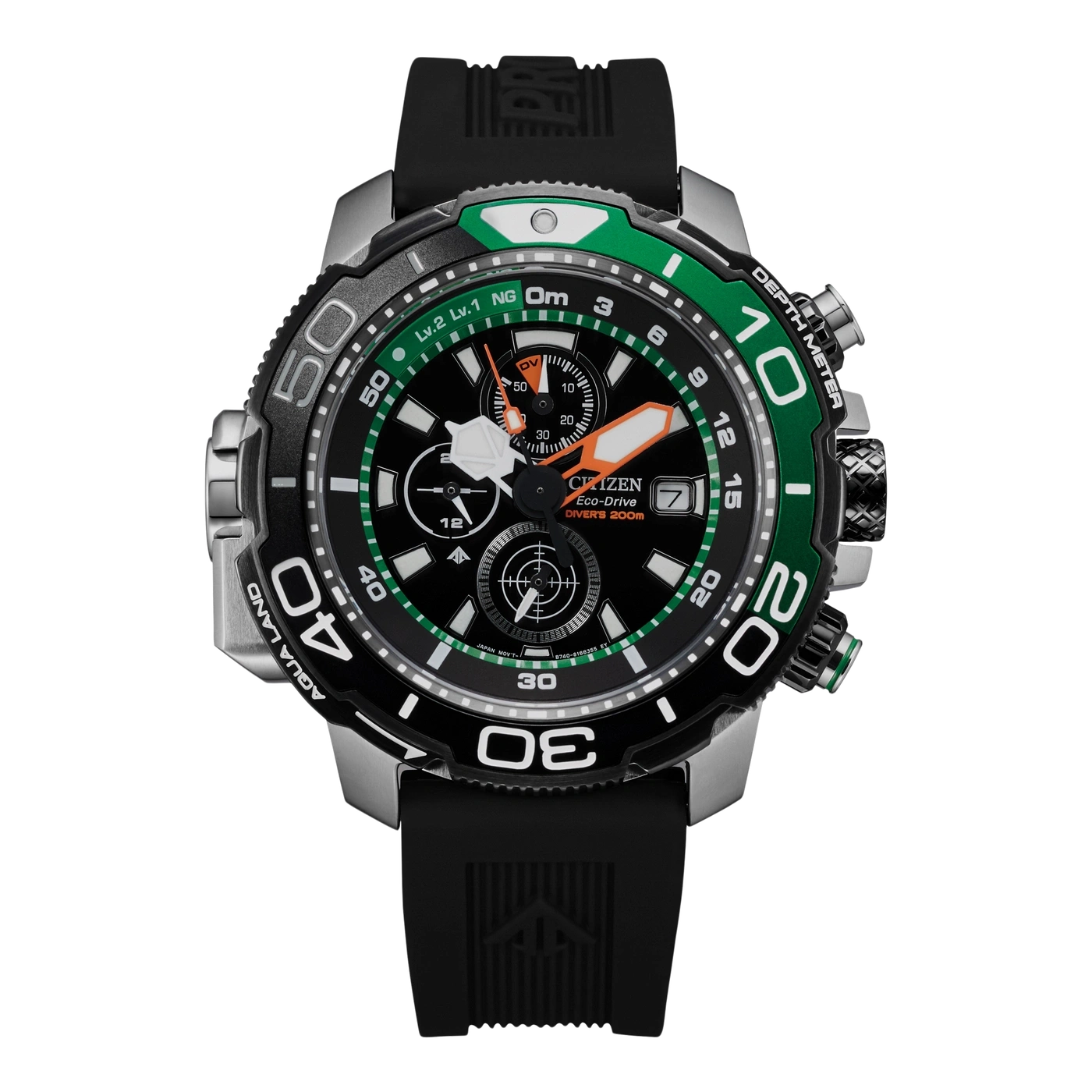 Citizen Eco-Drive watch with black and green accents, depth meter, and rubber strap.