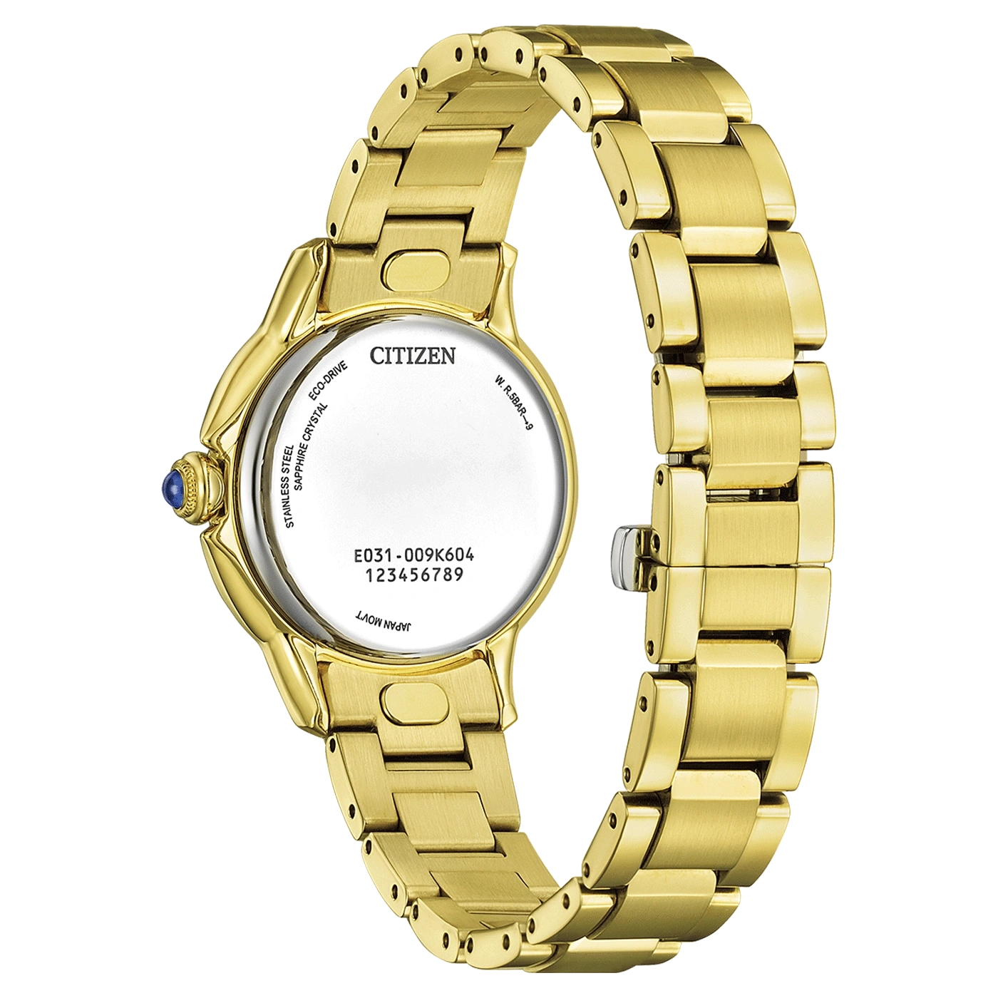 Gold Citizen watch back, stainless steel, sapphire crystal, Eco-Drive, Japan movt.