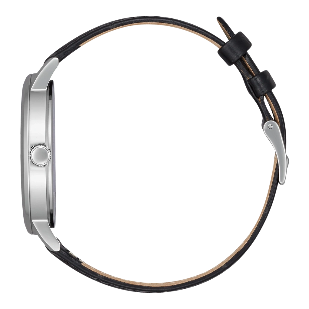 Side view of a silver watch with a black leather strap.