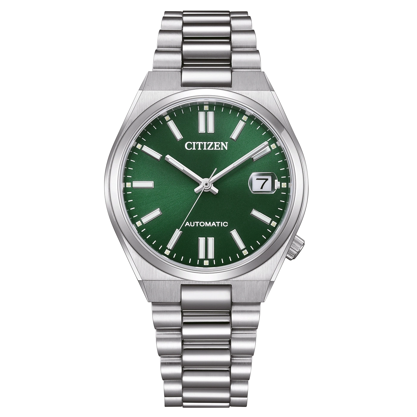 Citizen watch with green face and silver strap, automatic.