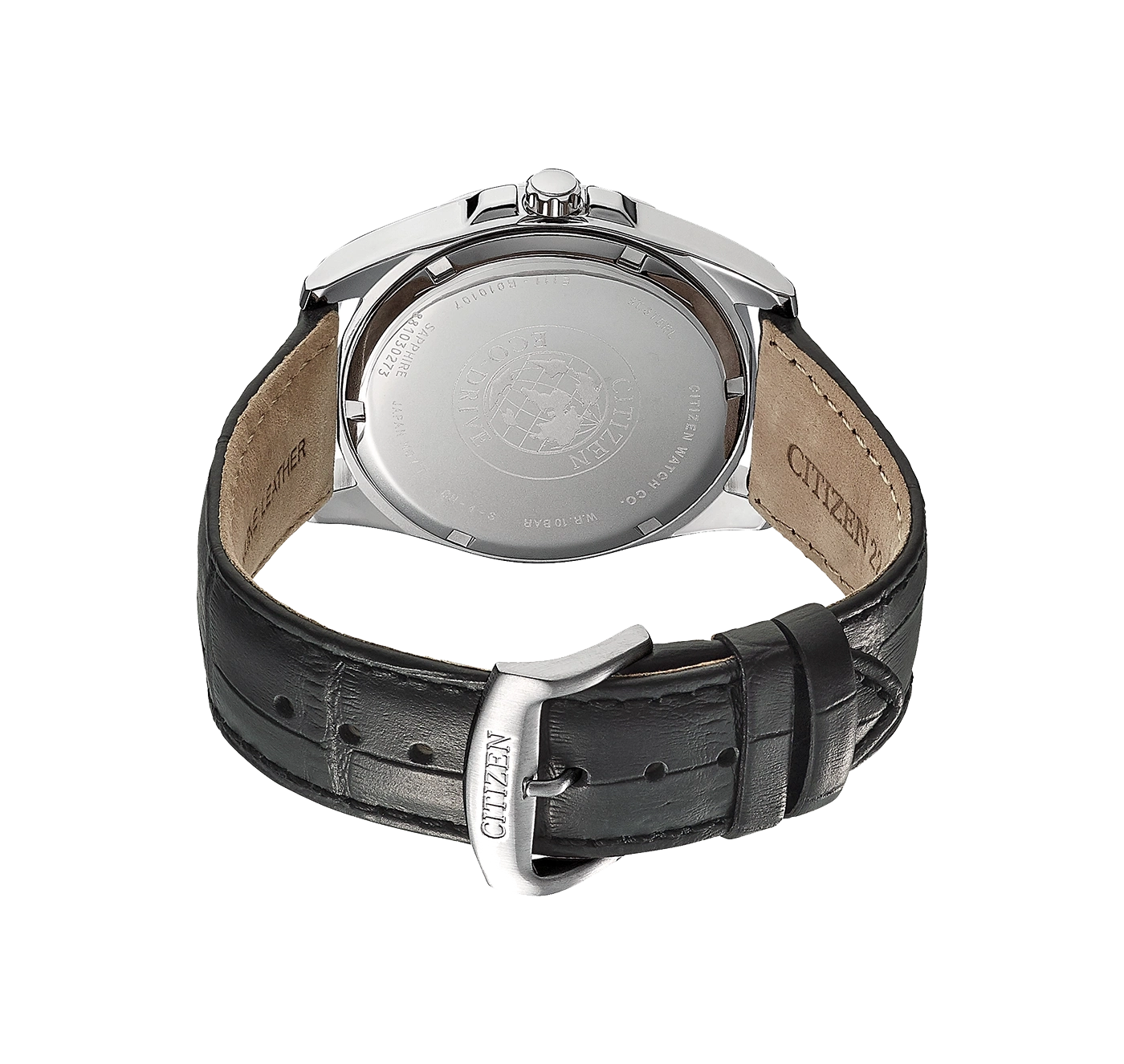 Citizen watch back, black leather strap, sapphire glass, water resistant 10 bar.