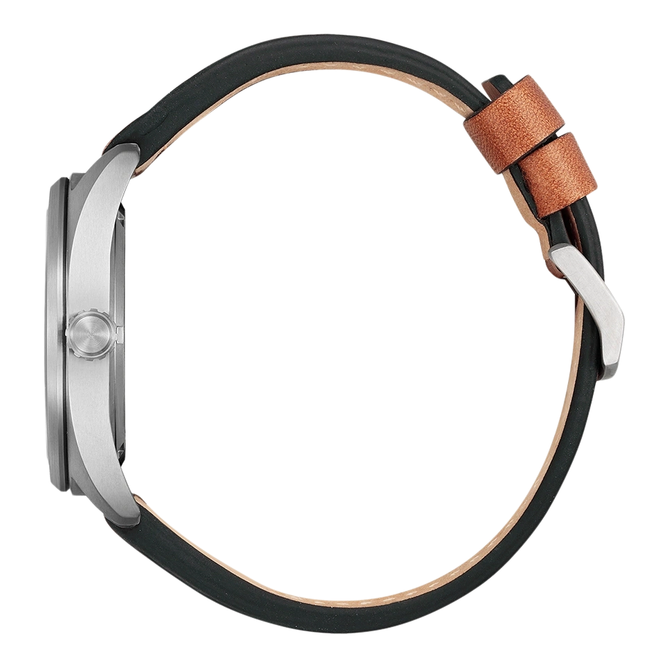Side view of a silver watch with a black leather strap and brown accents.