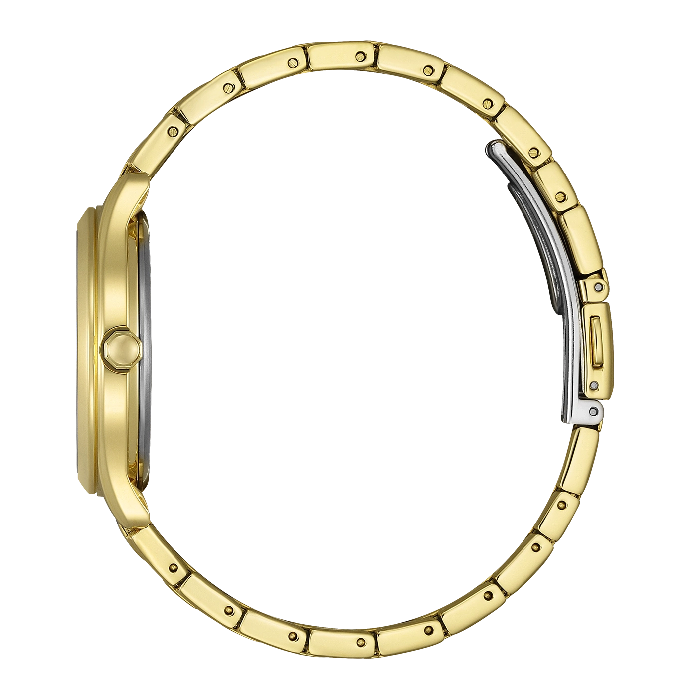 Side view of a gold watch with a metal band.