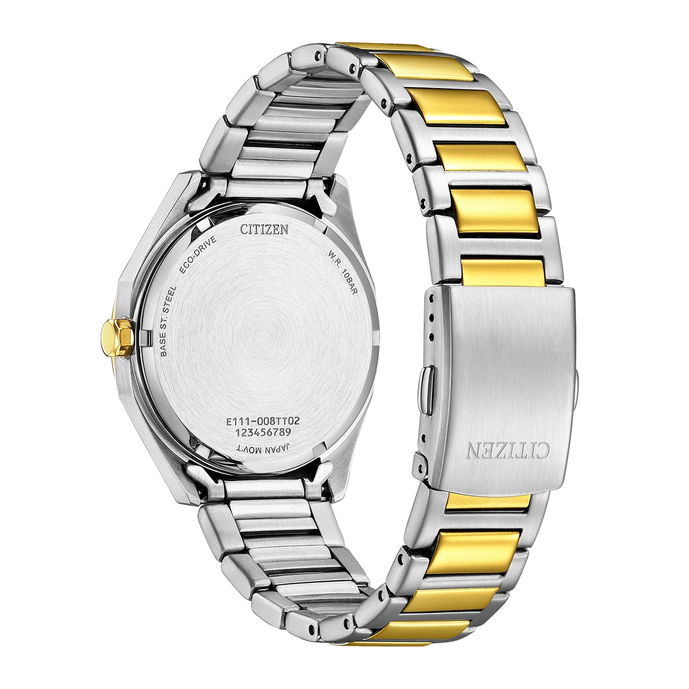 Citizen watch back, silver and gold, Eco-Drive, Japan movement, W.R. 10BAR