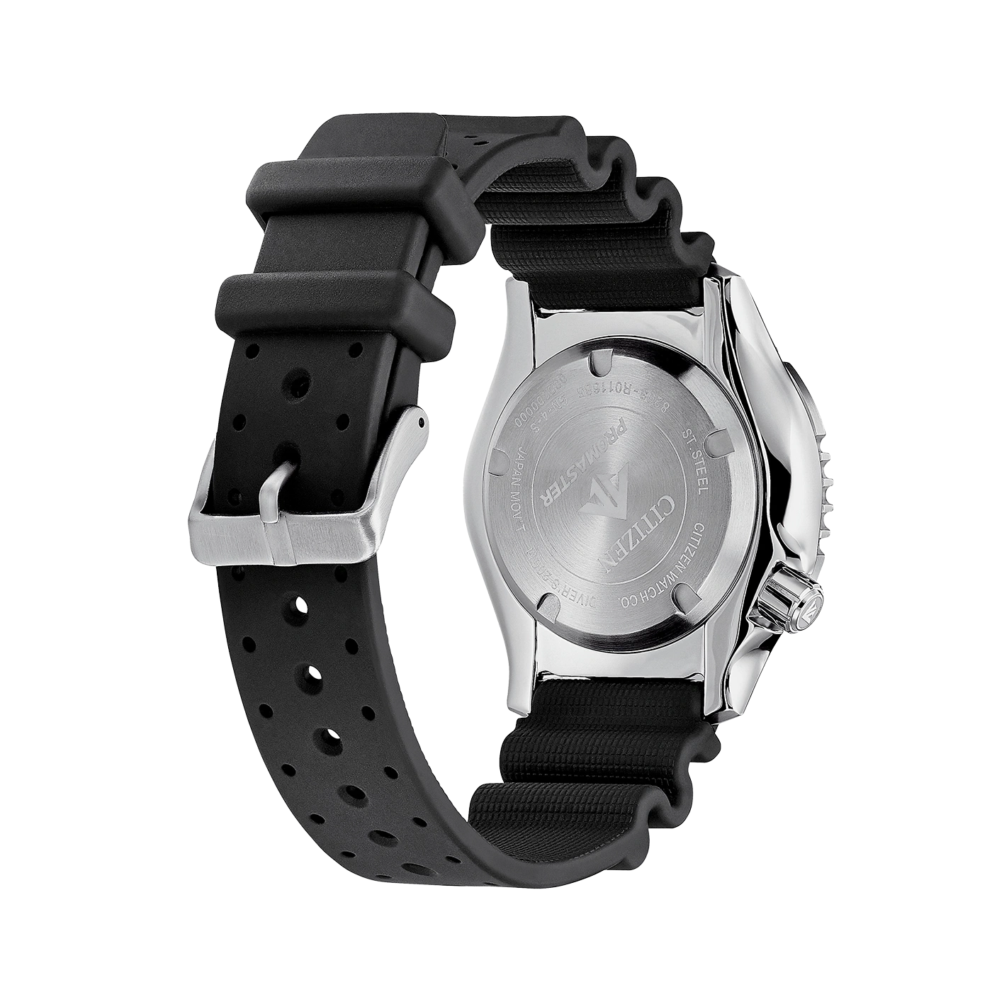 Citizen Promaster watch back, black strap, stainless steel, diver's watch, close-up