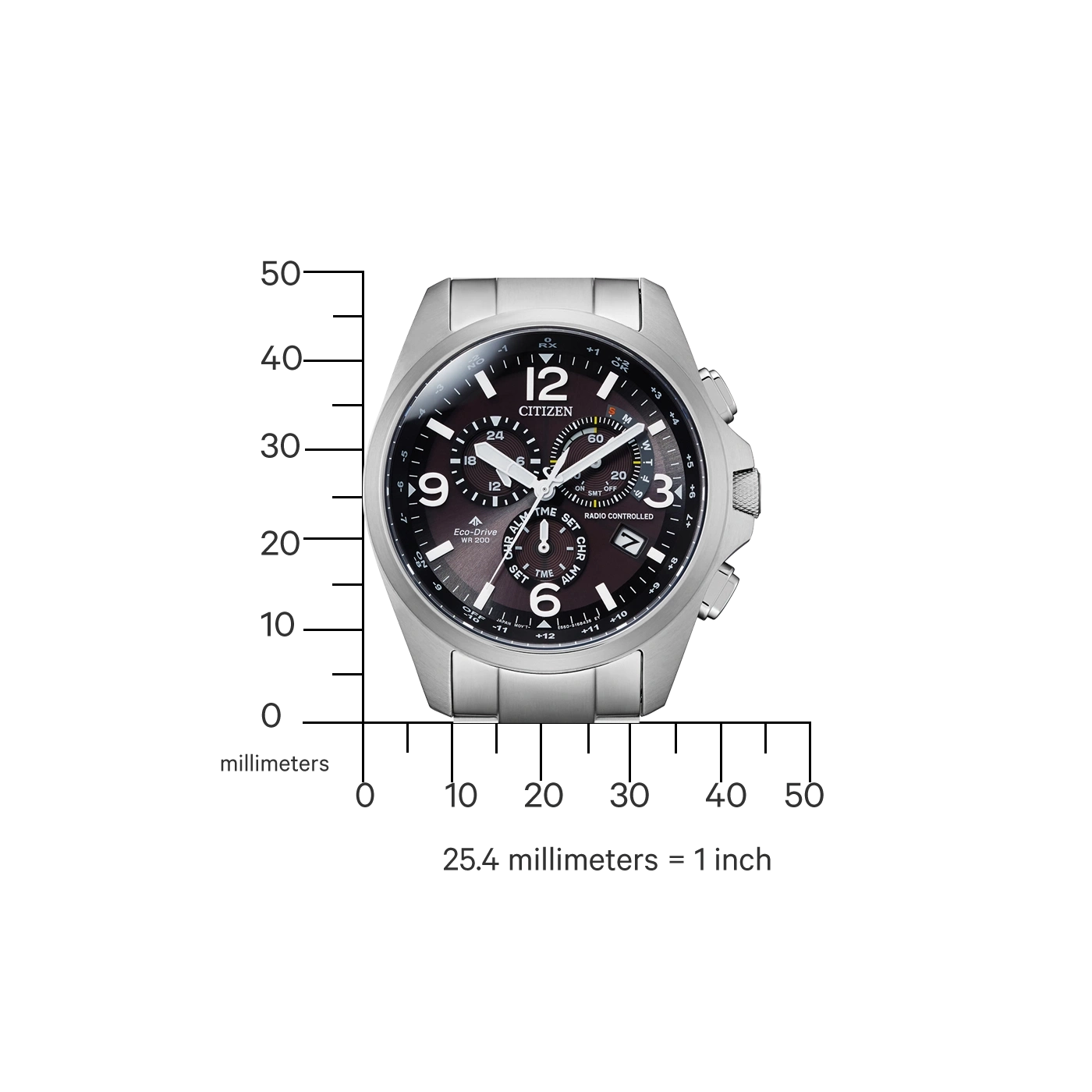 Citizen watch with black face, silver band, and measurement scale.