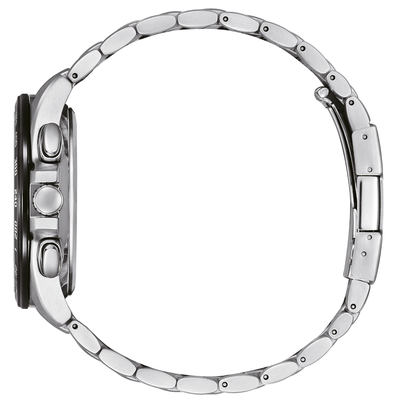 Side view of a silver wristwatch with a black dial and a metal band.