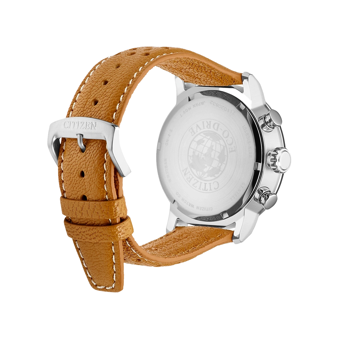 Citizen watch with brown leather strap, Eco-Drive, stainless steel case, and Japanese movement.