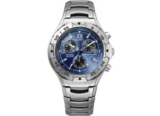 Silver Citizen watch with blue face, chronograph, and perpetual calendar.