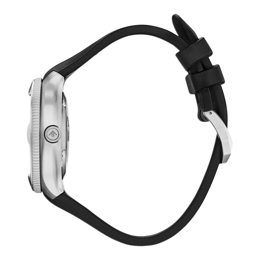 Side view of a silver watch with a black rubber strap.