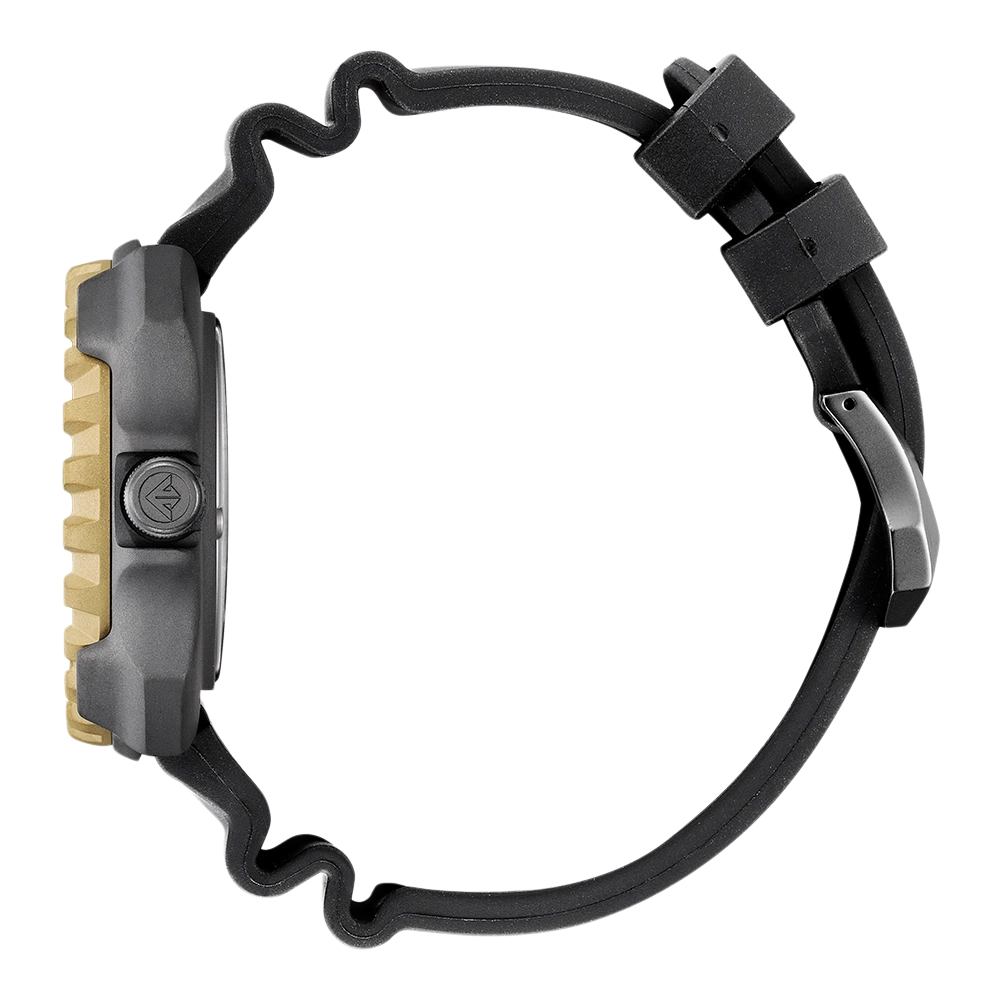 Side view of a black watch with a gold bezel and black strap.