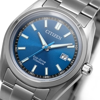 A close-up of a Citizen Eco-Drive Titanium watch with a blue dial and silver band.
