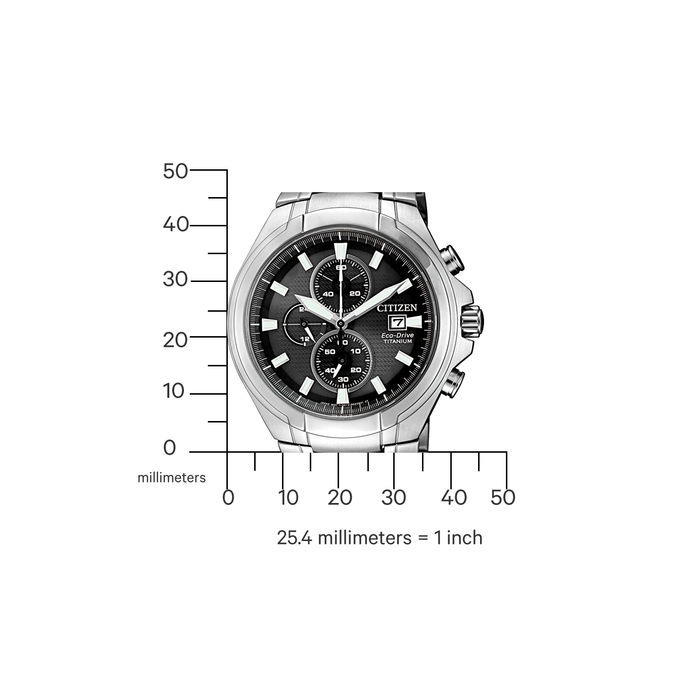 Citizen watch with black face and titanium Eco-Drive, measuring millimeters.