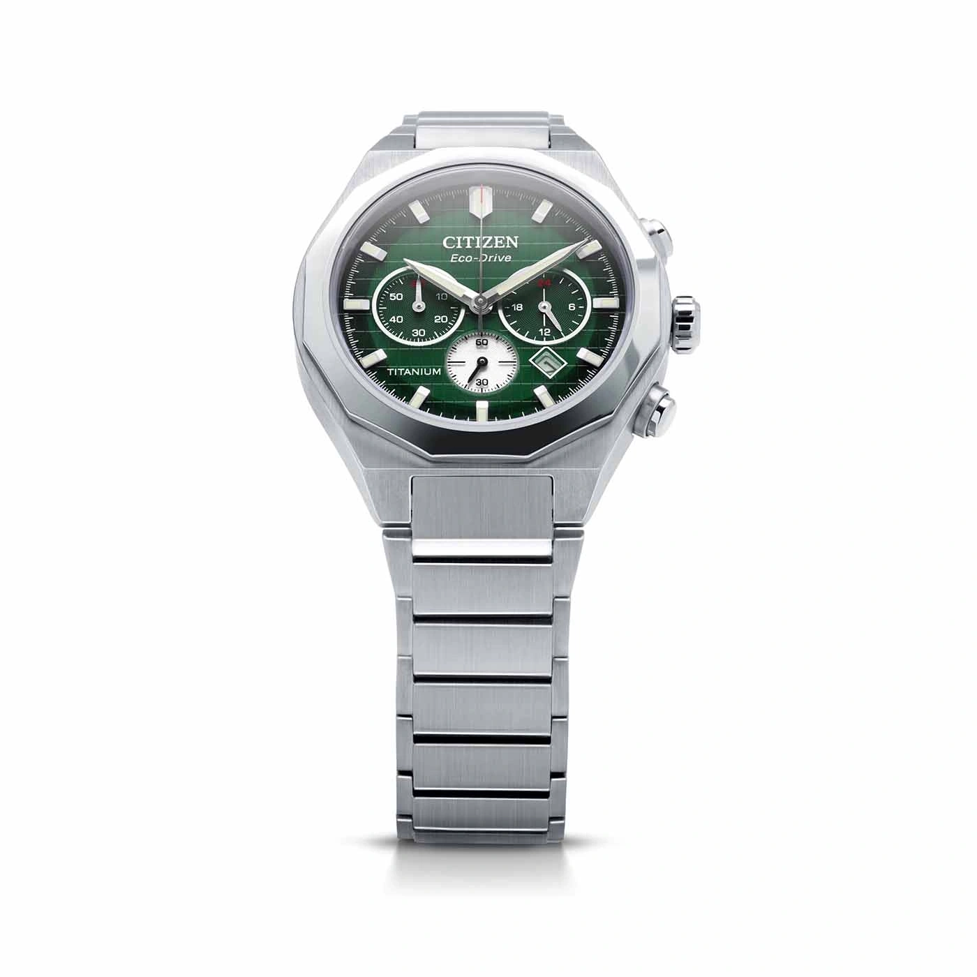 Citizen Eco-Drive watch with green face and titanium band, elegant design.